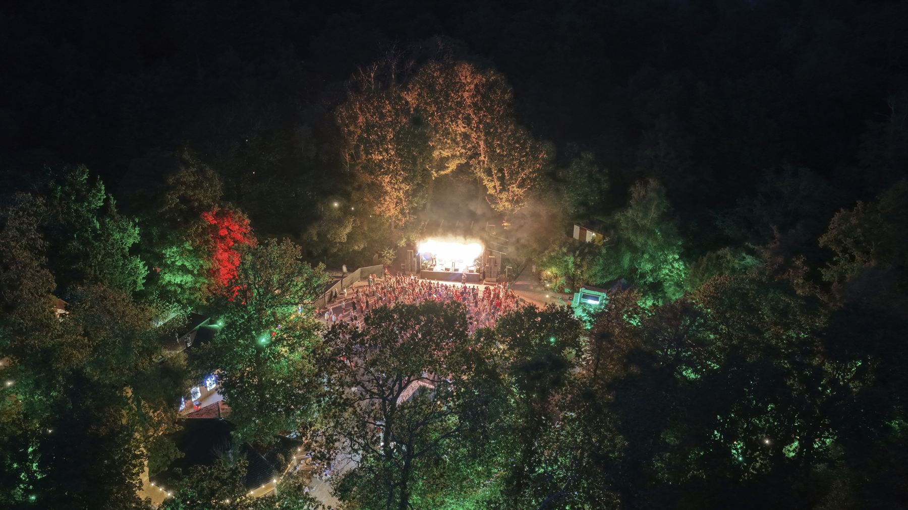Aerial view of The Woodland Venue at Robin Hill at night during Strings Festival, stage lit white with green and red uplit trees surrounding the crowd