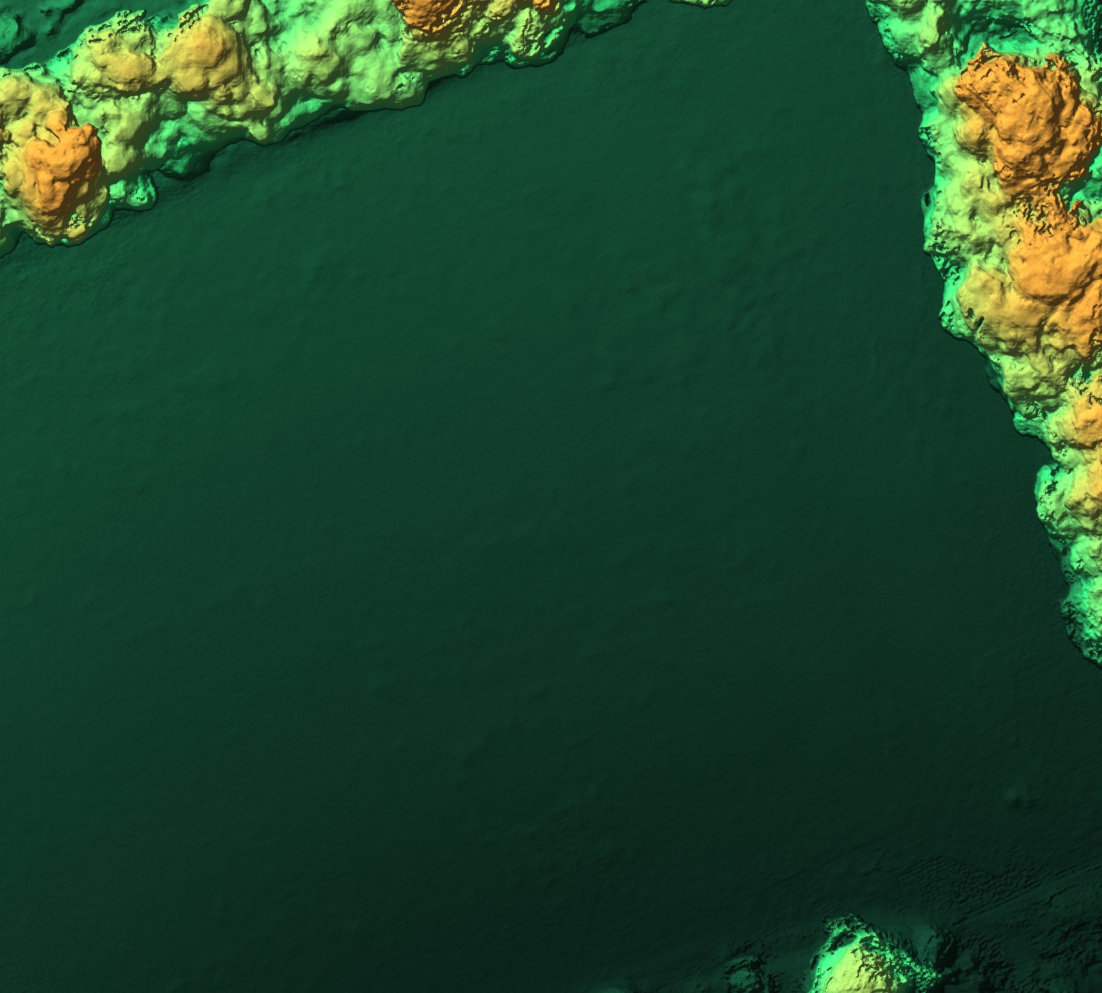 Digital surface model of the same field as shaded relief, coloured by height, with individual tree crowns visible along the hedgerows